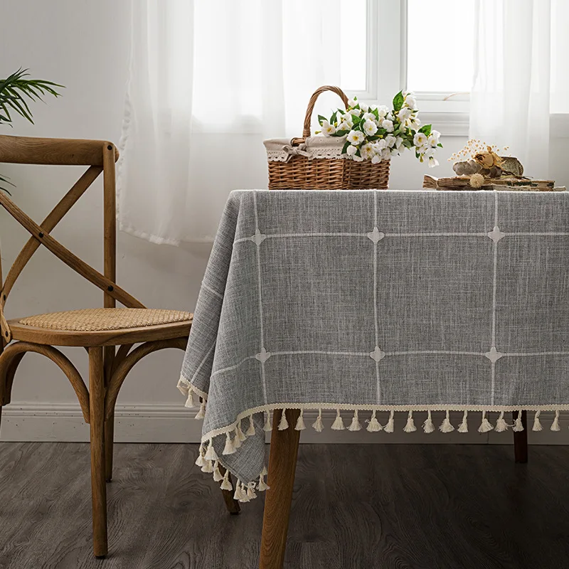 

Tablecloth Japanese decorative style dining table Thick cotton and linen fabric Grey large plaid tassel tablecloth