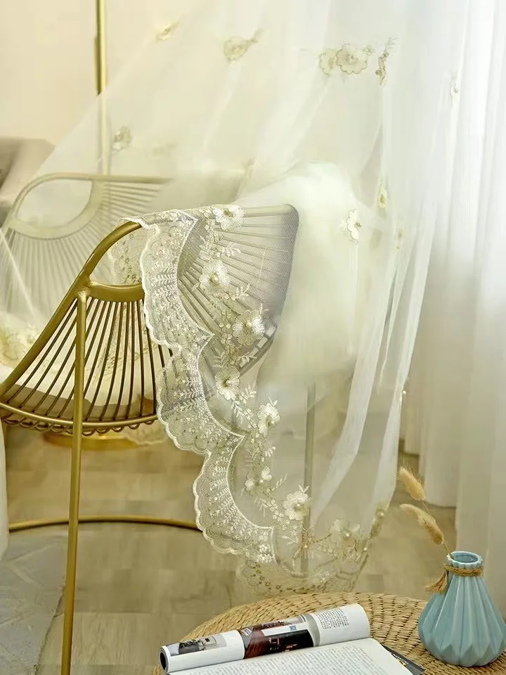 

European White Embroidery Pearl Flower Lace Tulle Luxury Fancy Curtains for Bedroom Flower Sheer For Living Room Window Balcony