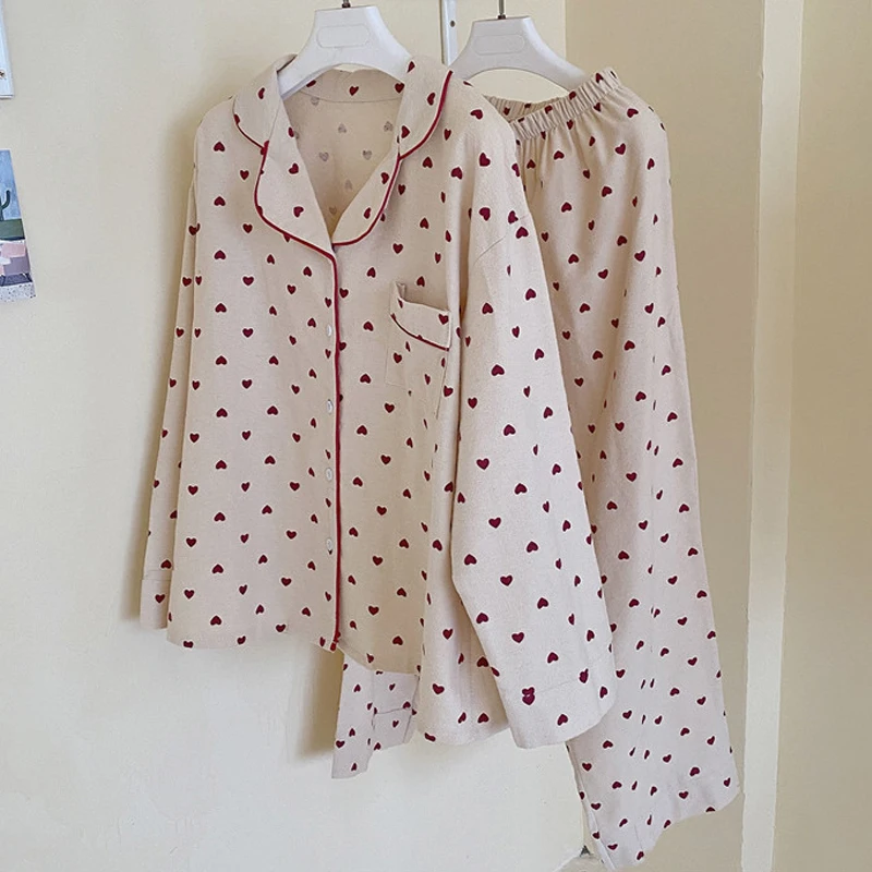 Heart-Printed Pajamas for Women Cute Home Suits Long-Sleeve Cotton Sleepwear Set Spring Pyjama with Pocket Turn-Down Collar 2pcs