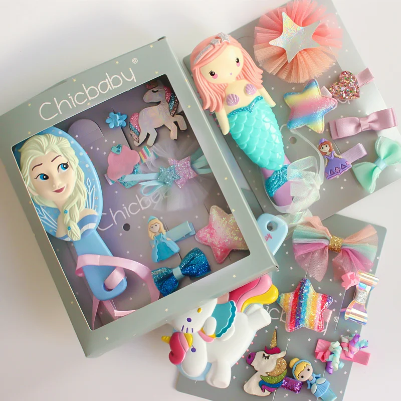 

New Fashion Baby Hairpin Children's Frozen 2 Elsa Princess Hair Accessories Set Rainbow Mermaid Comb New Year Gift Box Hair Clip