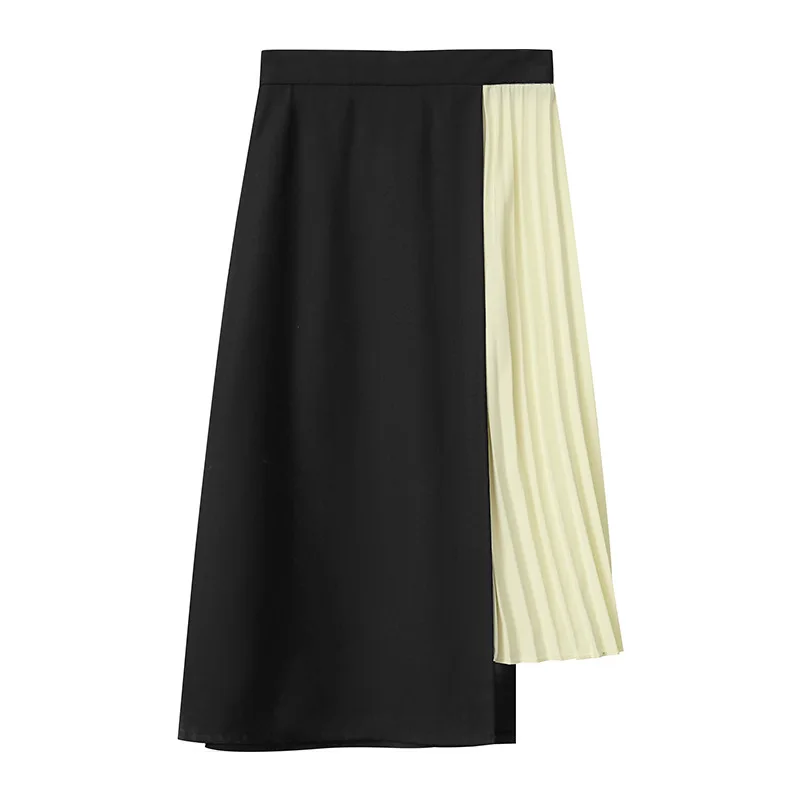 

2021 Spring Summer Irregular Pleated Skirts High Waist Contrast Color Patchwork Women Skirts Elegant Casual Maxi Dress