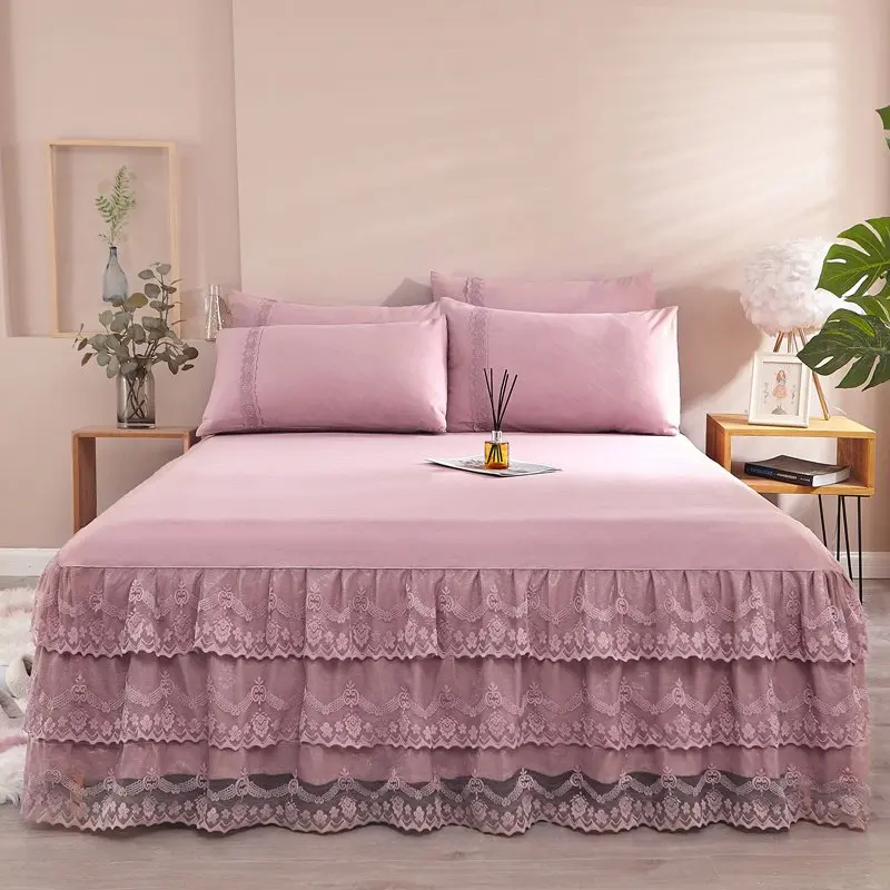 

2020 new products Solid lace embroidery Bedspread Fitted Sheet Pillowcases 2/3pcs Three layers of lace Princess Bedding