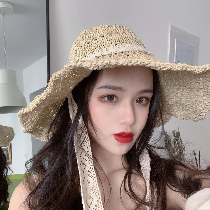 

2022 Summer Straw Hats Beach Big Brim Japanese Sunscreen Sun Caps Holiday Woven Lace Lace-up Women's Hat