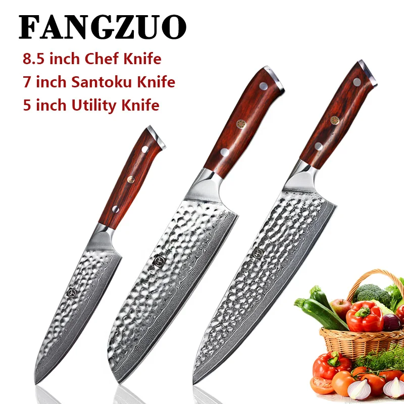 FANGZUO 3 шт. наборы кухонных ножей японский кованый Дамасская сталь шеф-повара сантоку ножи из нержавеющей стали палисандр ручка нож шеф-повара - Цвет: FU-3PC