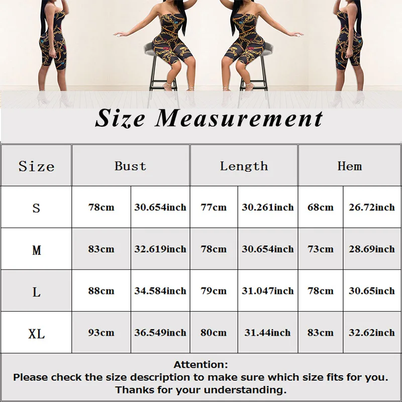 

Women Chain Print Jumpsuits Female Sexy Strapless Off Shoulder Rompers Playsuits