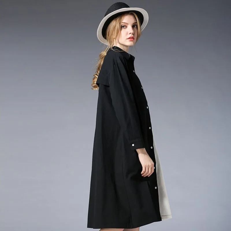 Женское свободное платье [IEQJ] черно белое однобортное свободного покроя с