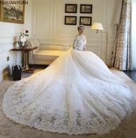 luxury lace cathedral train ball gown wedding dresses with sleeves 2021 kaftan dubai arabic off shoulder princess wedding gowns