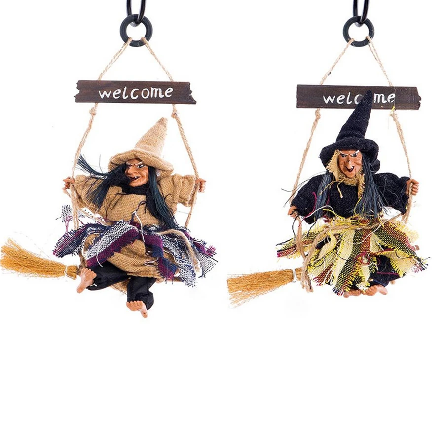 

60 pcs Hanging Witch Decoration Flying Witch Pendant with Welcome Board Halloween Props Haunted House Decor Bar Club Ornament