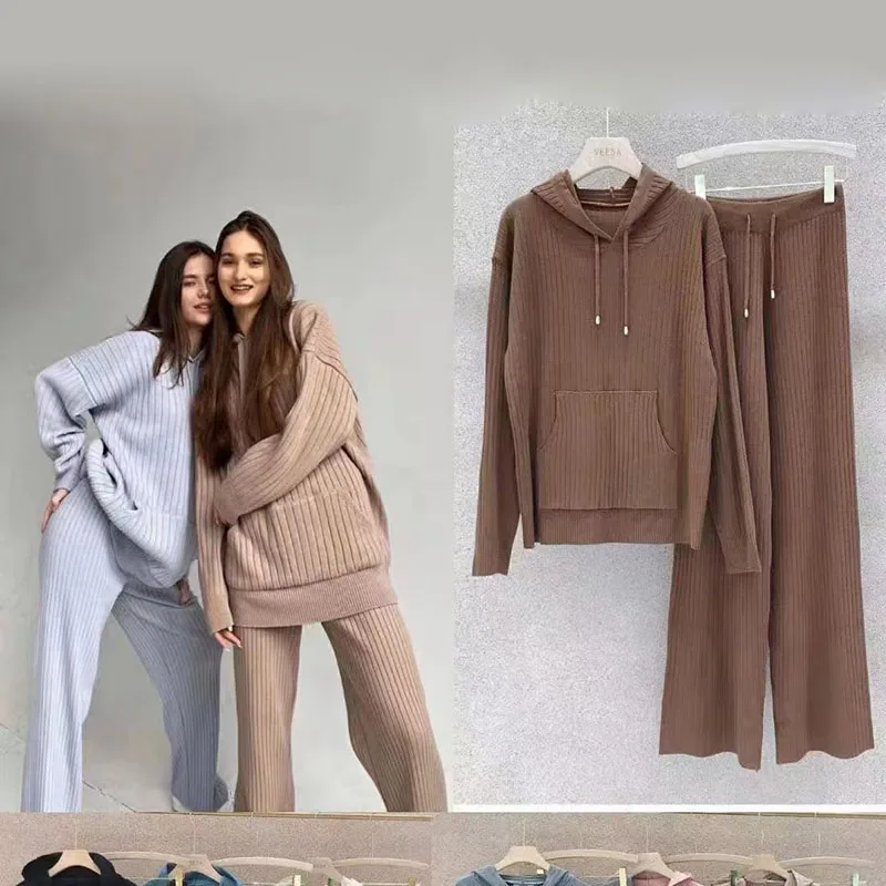 

Women Hooded Knitted Pullover and Pants 2021 Female Tracksuit 2 pieces one sets With Pocket Fashion Ladies Pullover With Hood