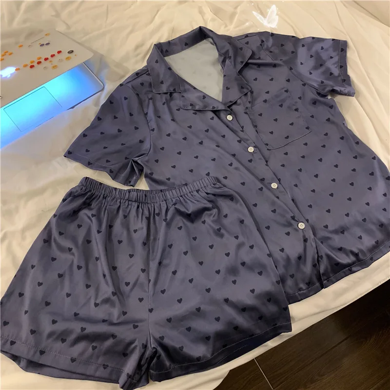 

Women Shorts Pajamas Set Short Sleeve Summer Heart Print Sleepwear Lady V-neck Silk Casual Pyjamas Nightwear Lounge Homewear