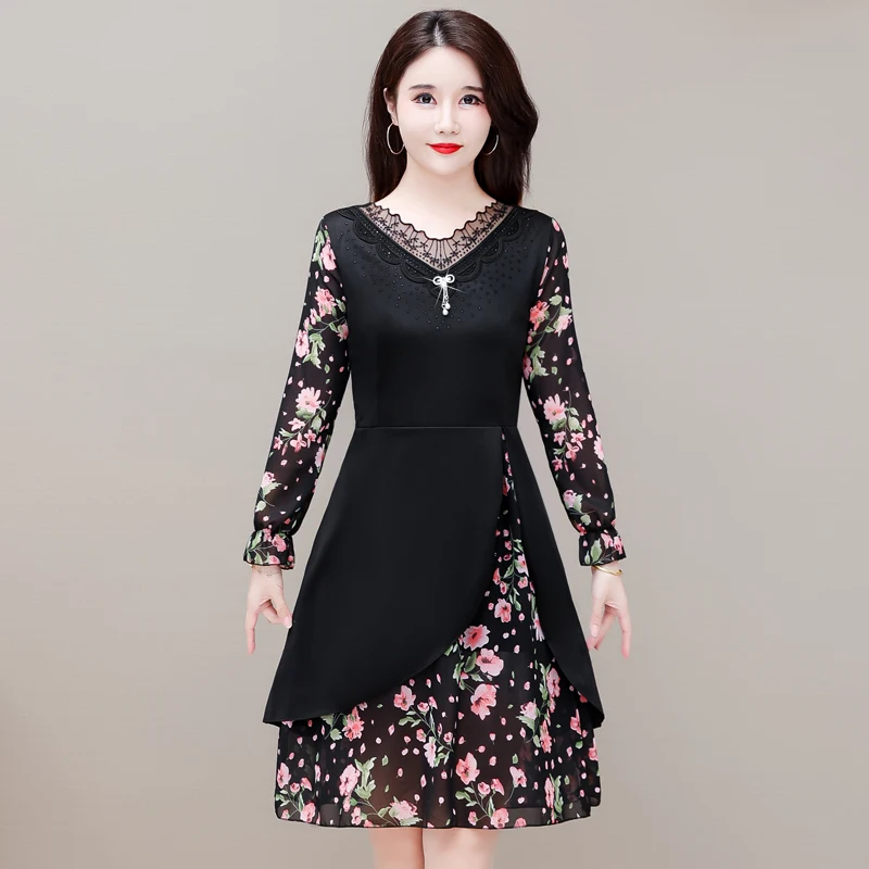 

Dresses for Women Autumn New Style Korean Fashion Lace Hot Diamond Elegant Mother V-neck Long-sleeved Printed Plus Size Dress