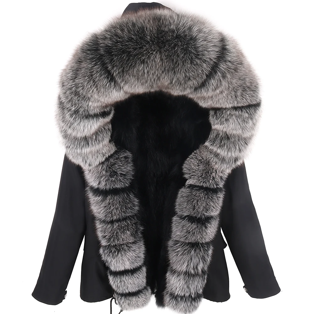 

Female Short Parka Waterproof Real Fur Collar Big Natural Raccoon Fur Collar Outwear Warm Raccoon lining with placket Women