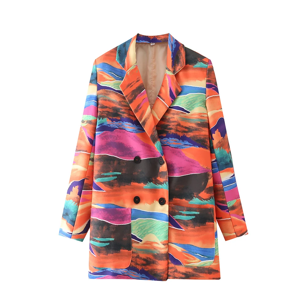 

Za Women 2021 Early autumn New Fashion Printing Double Breasted Blazer Coat Vintage Long Sleeve Pockets Female Outerwear Chic