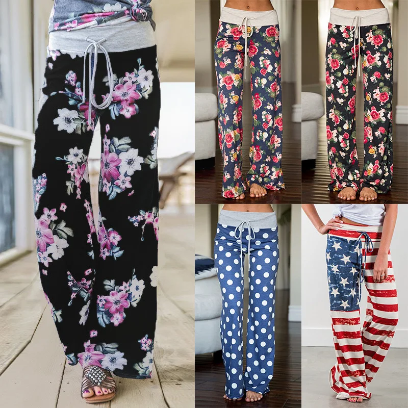 

Women Wide Leg Pants Lounge Trousers High Waist Elastic Yoga Sport Casual Long Pants Loose Ladies Soft Flower printing