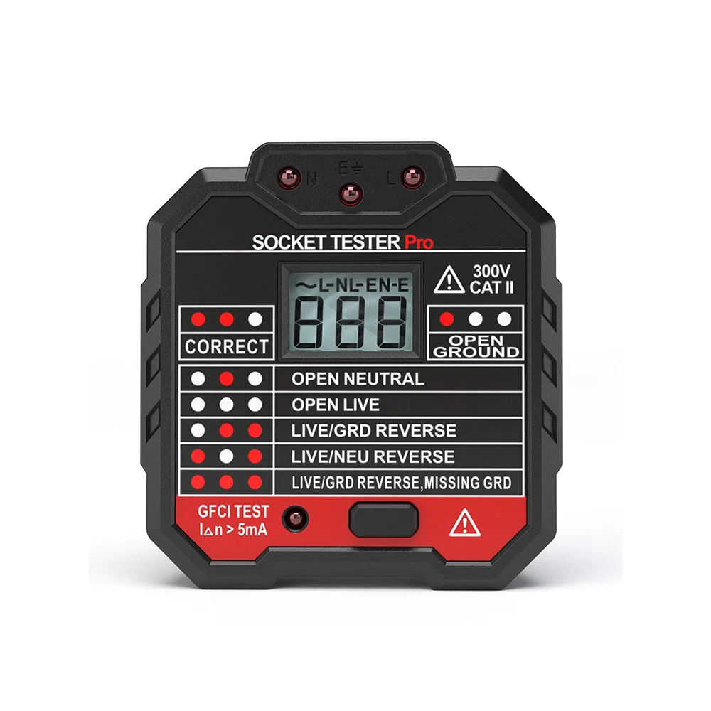 

HT107E Outlet Tester Voltage Tester Automatic Electric Circuit Polarity Voltage Detector Breaker Finder Leakage Trip Tester