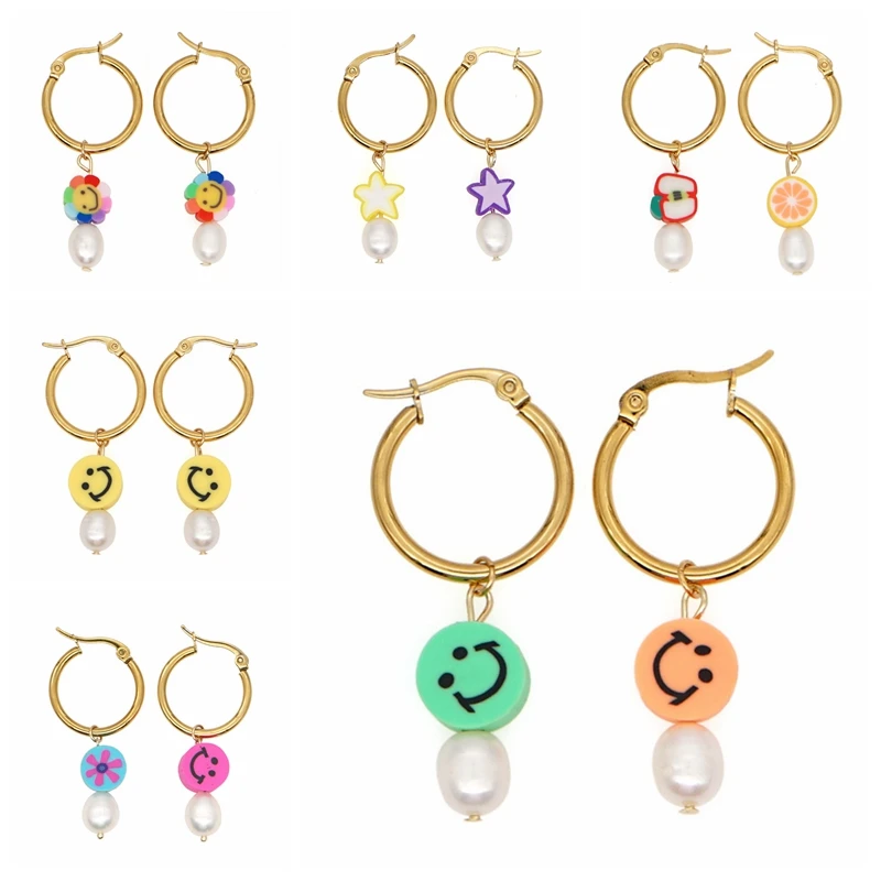 

ROMAD Fashion Polymer Clay Fruit Smiley Mismatched Earrings For Women Unique Beach Pearl Dangle Earrings Punk Circle Earrings