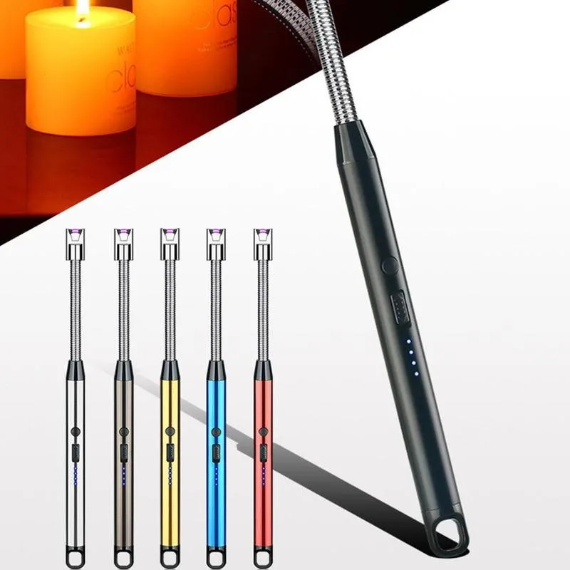 

USB Electric Rechargeable Long BBQ Kitchen Gas Stove Lighter Windproof LED Plasma Arc Flameless Candle Unusual Lighters Outdoor