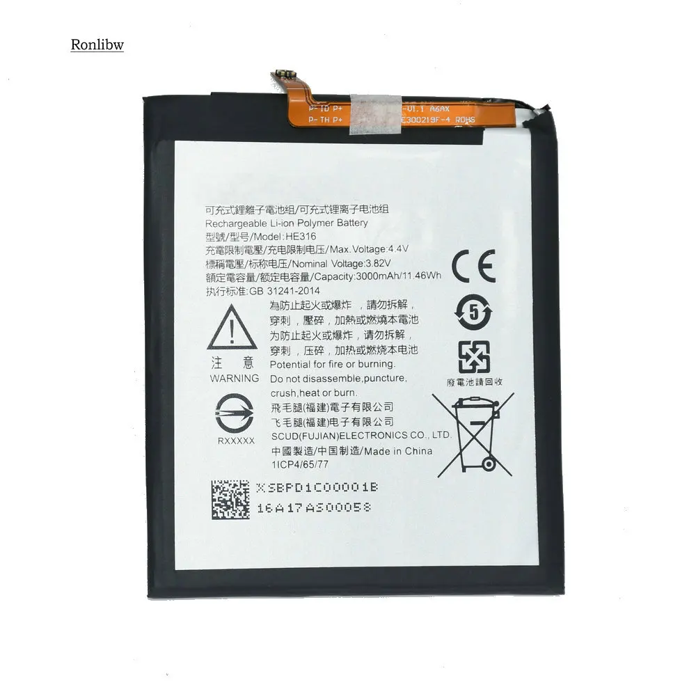 Ronlibw 3000mAh HE316 запасная батарея для мобильного телефона 6 nokia6 N6 TA-1000 TA-1003 TA-1021 TA-1025