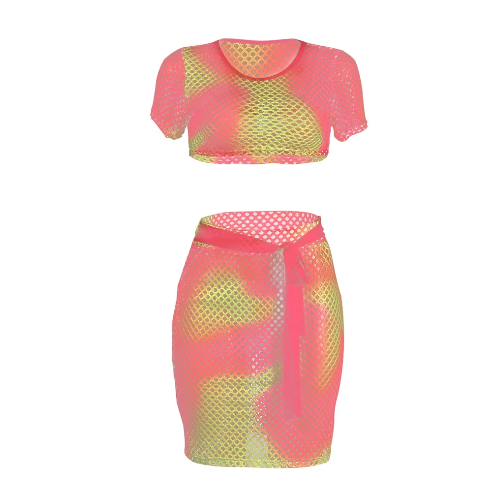 

Sexy Hollow out 2 Piece Sets Womens Night Club Outfits print Mesh fashion Two Piece Set Grid Dresses bodycon
