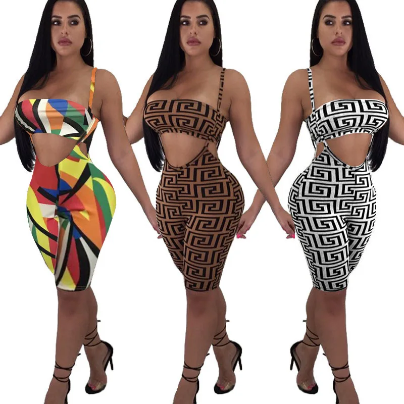 

FNOCE Cross-border Foreign Trade Women's small Vest Hit Color Printing Sexy Sleeveless Chest Wrap Suspender Conjoined Shorts