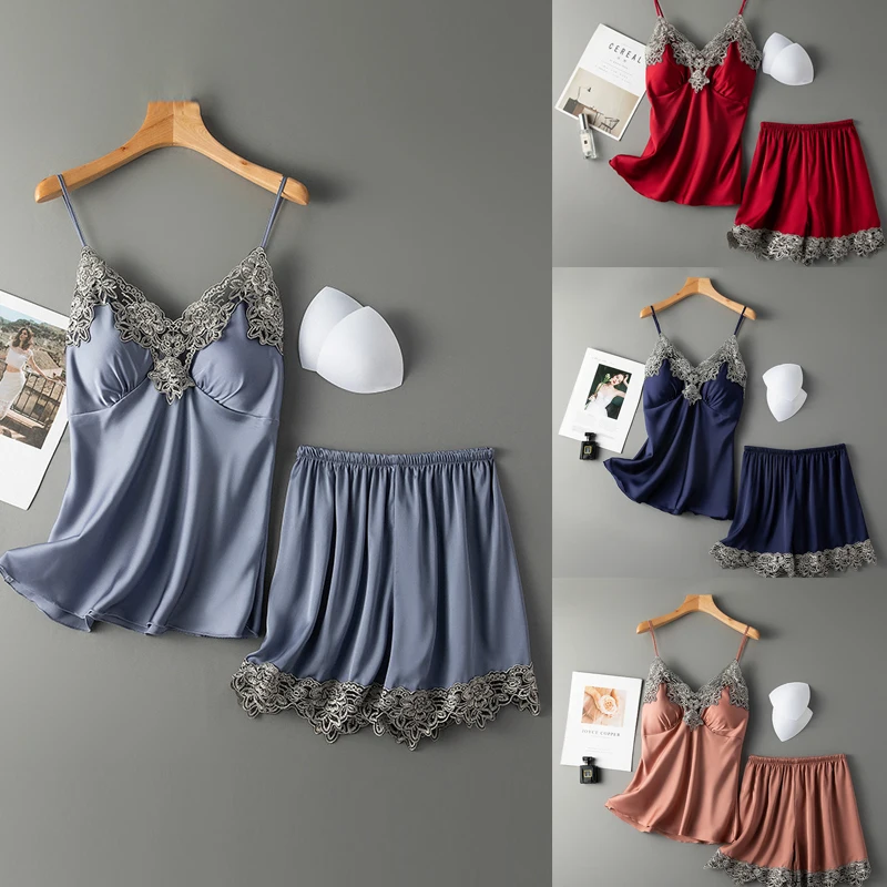 

Pajama Set Women Lace Trim Satin Sleepwear Pyjamas Femme Summer Nightwear With Pants Casual Home Wear PJS Pajamas For Women
