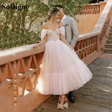 SoDigne – robe de bal rose en Tulle, tenue de soirée trapèze, à manches courtes, longueur thé, pour femmes, 2021  (4)