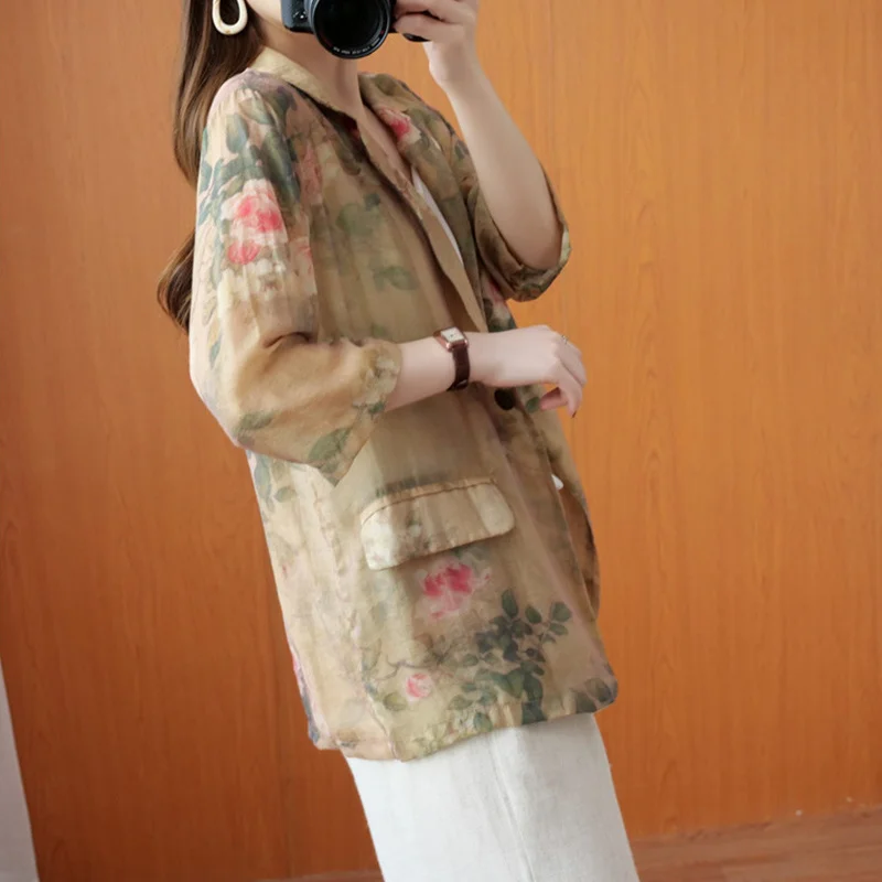 

Masss Wasss Summer 2021 Fashion Style Women Flowers Printed Blazers Ladies V-neck Vintage Jackets Cotton Linen Coats Big Size