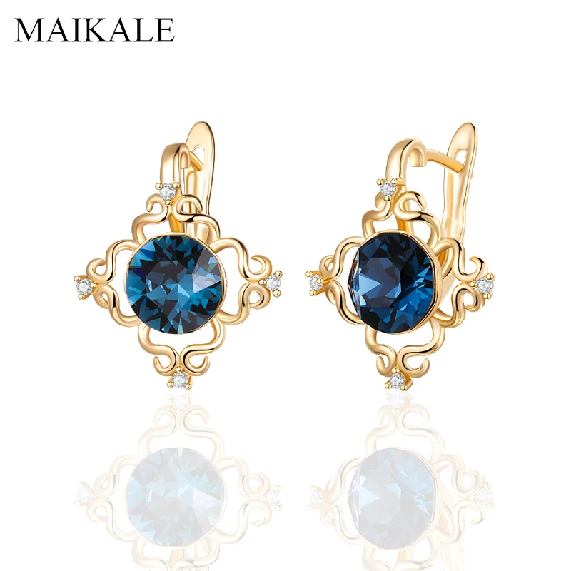 Женские серьги пусеты MAIKALE круглые золотистого цвета с цветными кристаллами