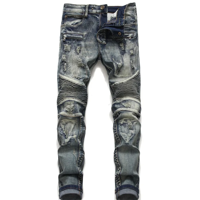 Men's Jeans Biker Jeans Fashion Wrinkle Hip Hop Jeans For Men Streetwear Casual Stretch Hombre Slim Motorcyle Hole Jeans Pants