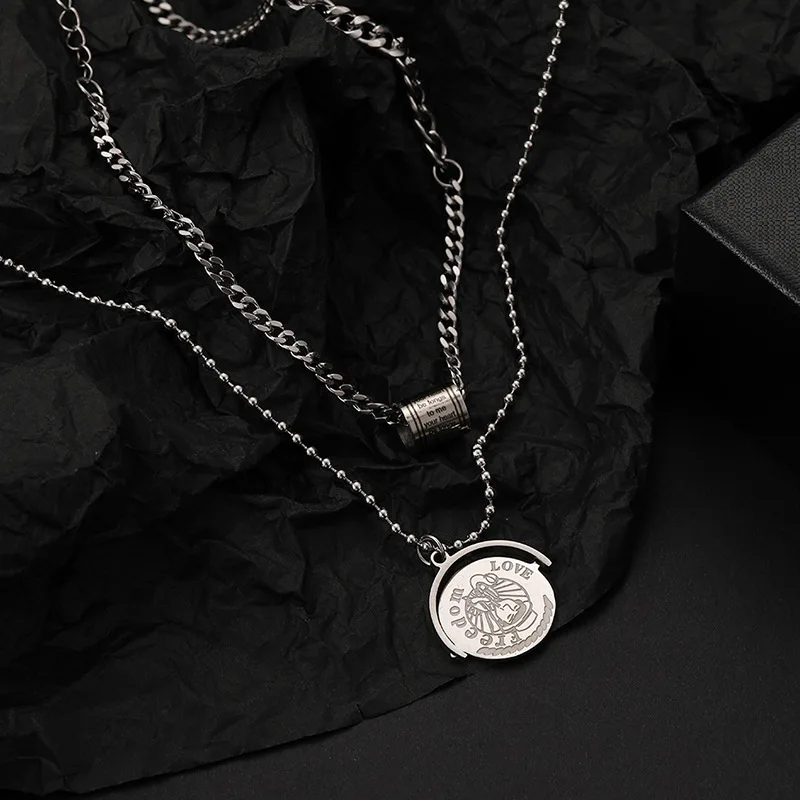 

Fashion new hip-hop necklace female stainless steel rotating disc double chain stack cool clavicle chain hot sale