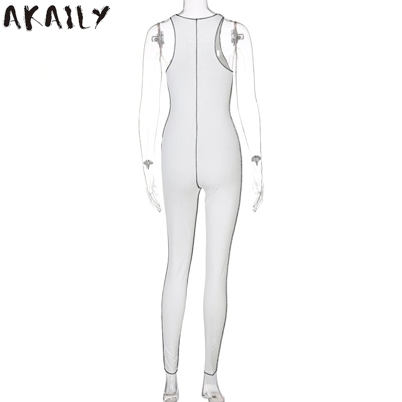 

Akaily 2021 Streetwear White Sleeveless Bodycon Jumpsuit Women V Neck Bandage Hollow Out Striped Female Jumpsuit Summer Outfit