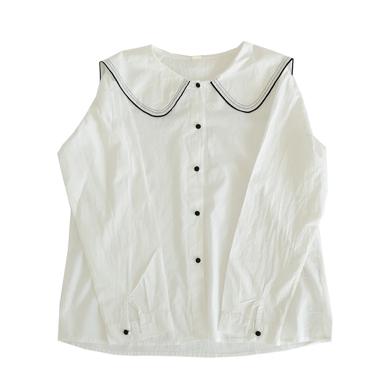 

Lamtrip 2021 Boutique Colored Thread Edge Covered Buttons Peter Pan Collar Cotton Long Sleeve White Shirt Blouse