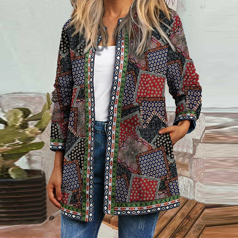 

Women Fashion Autumn Loose Pocket Jacket Casual Vintage Ethnic Printed Pattern Coats Winter Elegant Warm Cardigan Women Clothing