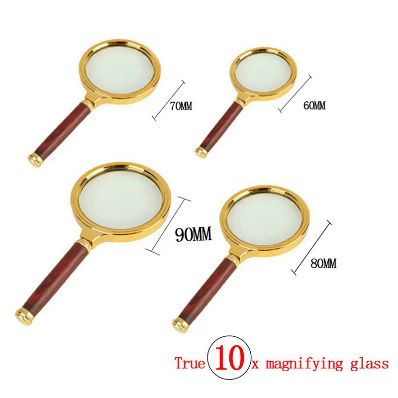 

Portable Handheld 10X Magnifying Glass 60mm 70mm 80mm 90mm Retro Handle Magnifier Eye Loupe Glass for Jewelry Newspaper Book