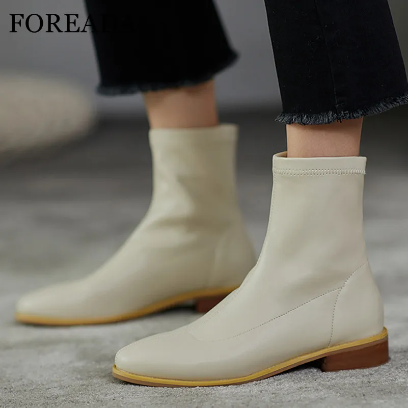 

FOREADA Ankle Boots Block Heel Woman Shoes Med Heel Short Boots Round Toe Ladies Boots Autumn Winter Black Beige Big Size 33-43