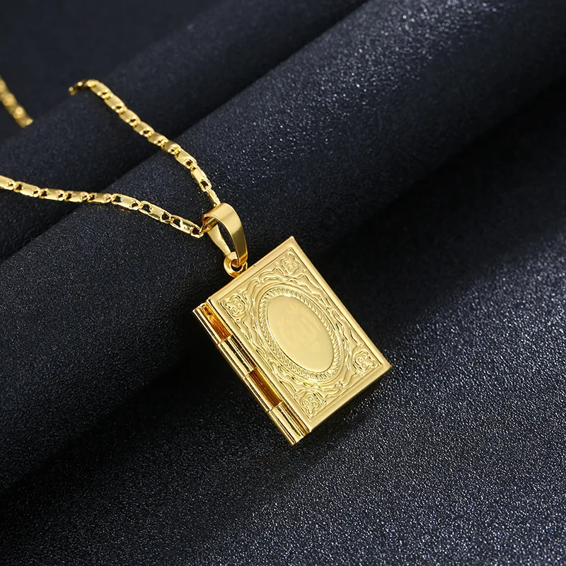 

Muslim Necklace Quran Book Openable Pendant Necklace Photo Locket Box Gold Color Islam Allah Necklace Religion Islamic Jewelry