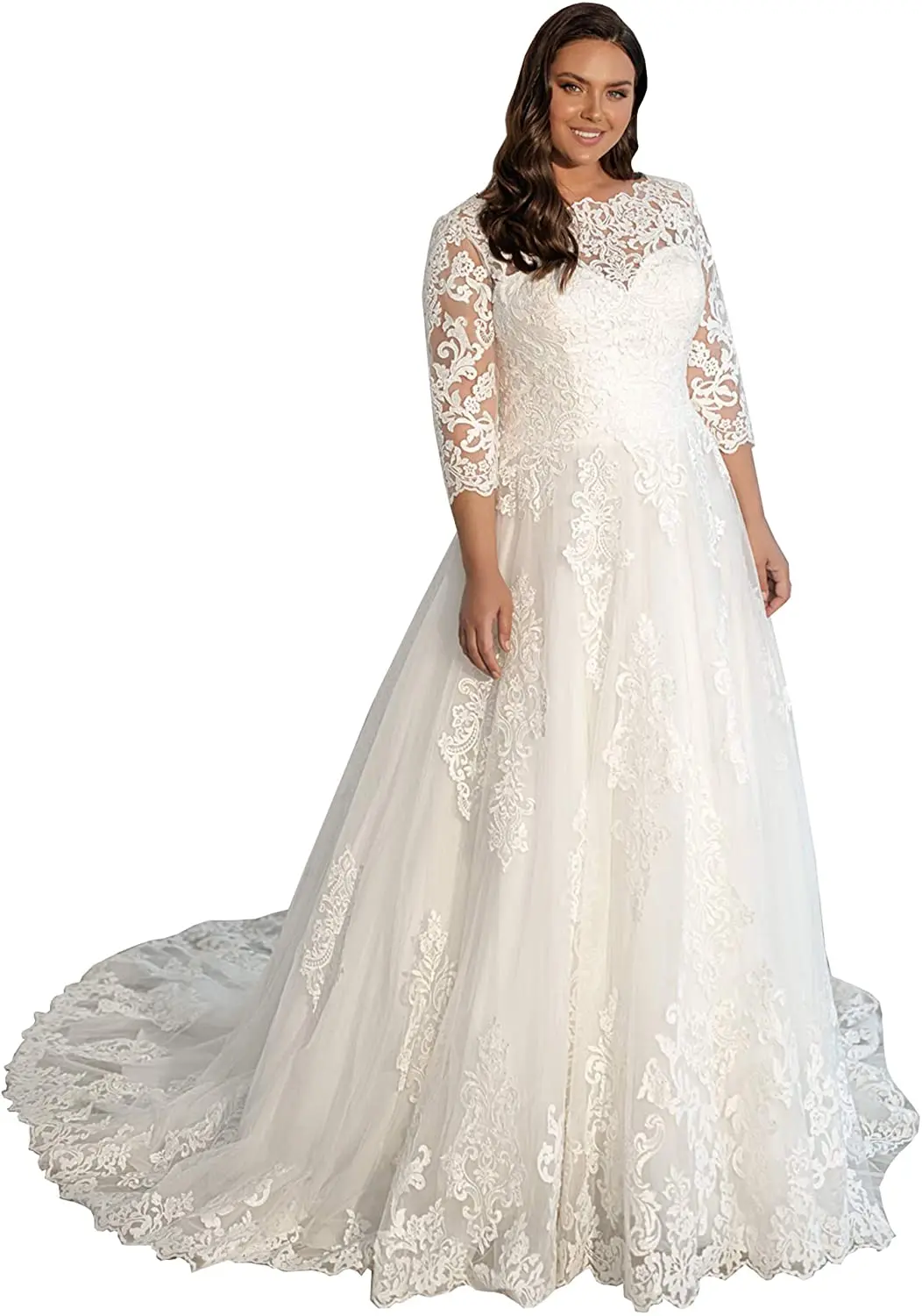 

Women's Plus Size A-line Wedding Dresses Lace Appliques 3/4 Sleeves Princess Ball Gown Wedding Dress Vintage Wedding Dress