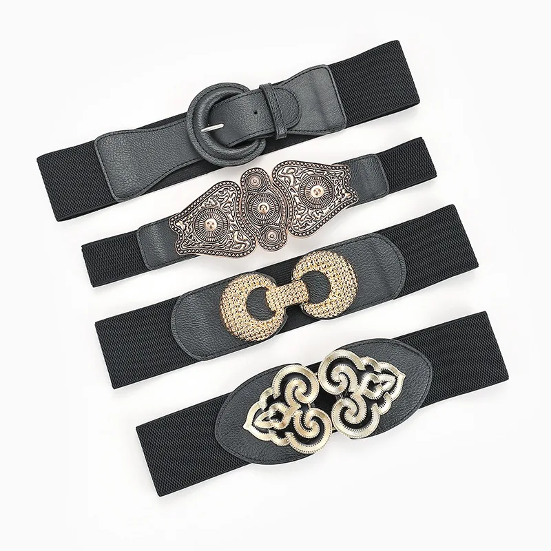 

High Quality Retro Palace Carved Buckle Women Elastic Wide Belt Black Waist Seal Lady Dress Coat Sweater Decoration Waistband