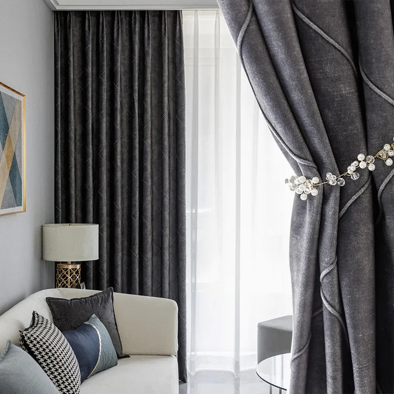 

Tiyana Grey Flannel Large Lattice Geometric Finished Curtain Finished Shading Curtains for Living Dining Room Bedroom Custom#4