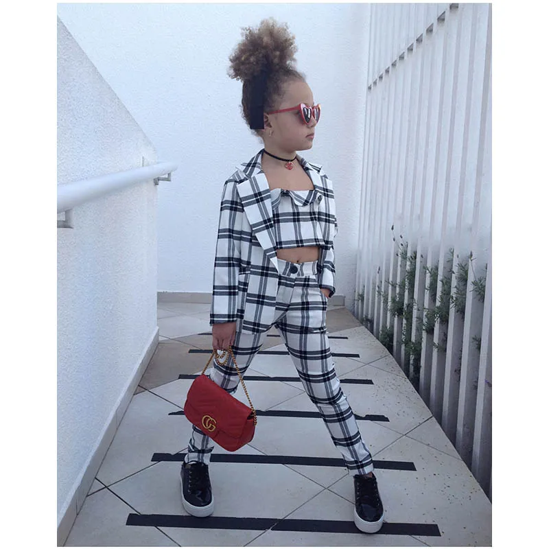 Children's Fashion Clothing Sets Plaid Vest+Coats+Pants 3pcs Plaid Suit Baby Girls Clothes Toddler Children Girl Kids Clothes