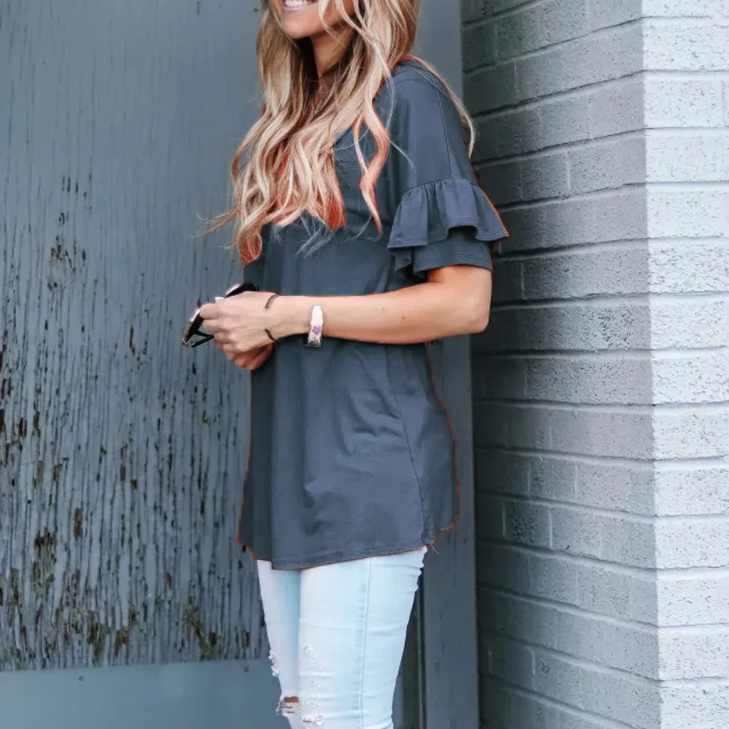 Модная туника с оборками рубашка круглым вырезом однотонные топы повседневные