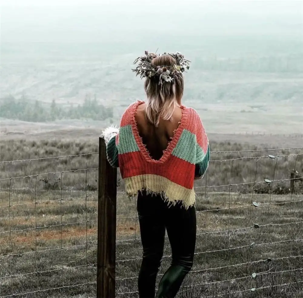 2019 ZA женский свитер модный новый осенний ручной вязки богемный цвет двойной