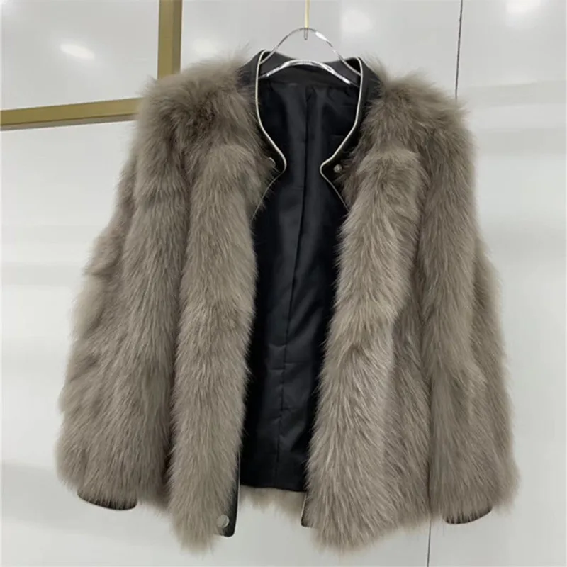 Abrigos mujer invierno шуба из натурального Лисьего меха женская зимняя короткая Повседневная мотоциклетная Лоскутная куртка из натуральной кожи Верхняя одежда - Цвет: chocolate color