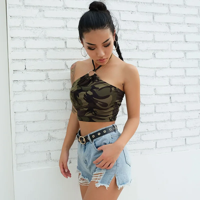 Модный женский Камуфляжный укороченный топ с лямкой на шее летняя повседневная