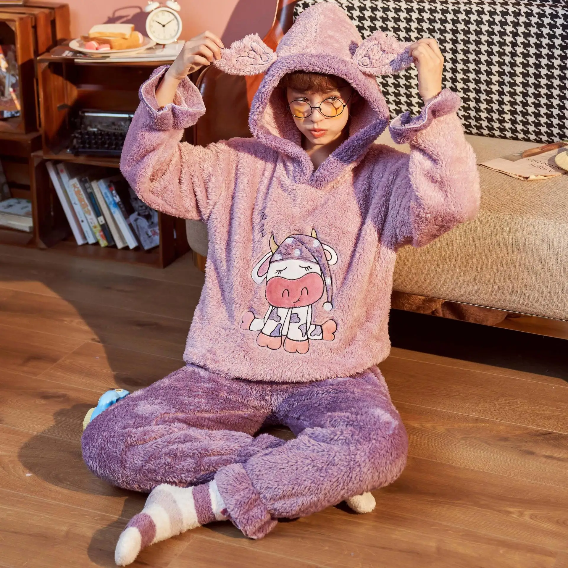 Autumn Winter Pajamas Women's Single Women Plush Thick Large Loose Home Clothes Flannel Soft Warm Nightwear Sets Pyjama Femme