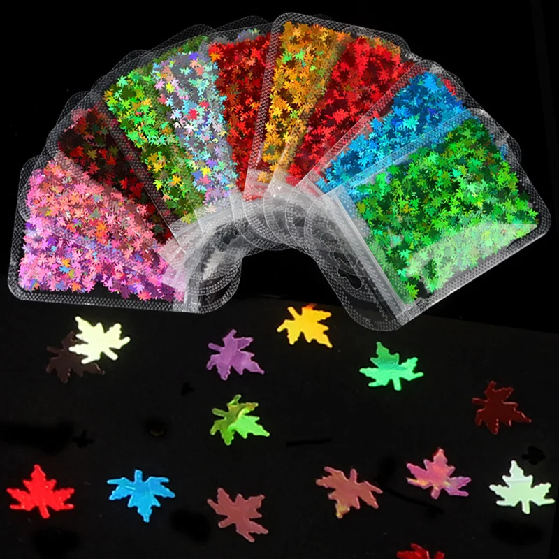 Newest Holographic Glitter 3D colourful Sequins DIY Art Mirror Sparkly Maple Leaf Nail Flakes Paillette Nail Art Glitter Flakes