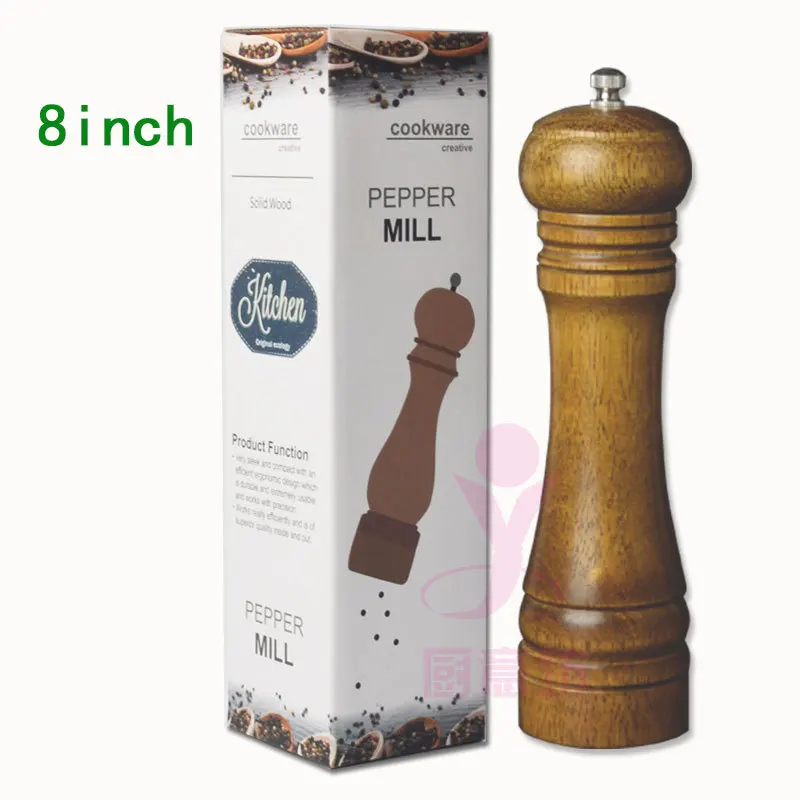 8-inch Мельница для соли и перца, набор, деревянная мельница для перца, Классическая дубовая цельная зерновая мельница, регулируемая для приготовления пищи, кухонные инструменты - Цвет: 8-inch