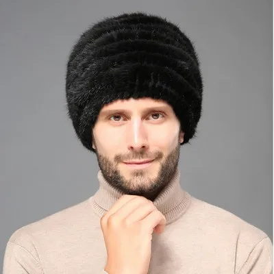 black Glaforny зимние однотонные норковые меховые шапки для мужчин среднего и среднего возраста, сохраняющие тепло ушные protction шапки вязаные шапочки для мужчин - Цвет: black