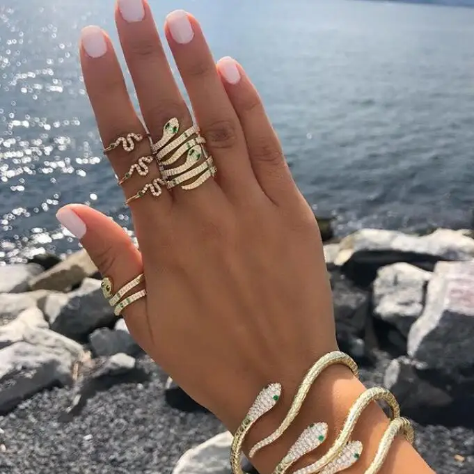 Женское кольцо с кольцом змейкой micro pave золотое белое зеленое фианитом|Кольца| |