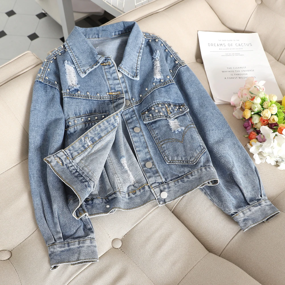 Модные джинсовые куртки с бисером осенне зимние женские винтажные Свободные